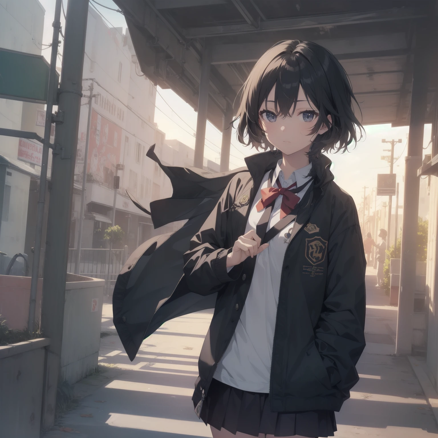 ultra-absurdres-Top quality by artist God, ultra-detailed, high resolution, anime moe artstyle, best anime 8k konachan wallpaper, pixiv contest winner, pool:2810, perfect anatomy,break, 1girl, (Please draw a girl walking sleepily to school alone. )break,(Solo,little female, 13-year-old:1.3),Full limbs, complete fingers,a junior high school student, (very short hair), short cut, flat chest, , small butt, small black eyes, beautiful detailed eyes, well-proportioned iris and pupils, expressive eyes, highres detailed hair, soft expression, salor school_uniform, sailor collar, serahuku, bow, pleated skirt,(Detailed Lighting), (Detailed background), in the School commute route. break,super detailed skin, Best cinematic lighting powered by famous artist, 8k,beauty illustration,photoshop_(medium),very aesthetic,break,((artist:yuuhagi_(amaretto-no-natsu) )), artist:clamp ,artist:carnelian ,artist:kantoku ,
