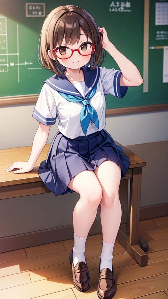 Cutesy、Comical movement、nichijo style、smile、mischief、lure、Expectations、surprise、Shyness、School、classroom、Daytime、Cute girl , Shooting from below, One Girl, Brown Hair、Very short hairstyle, Brown eyes、Red frame glasses、White short sleeve blouse, Navy Blue Skirt, Navy blue socks, Brown Loafers,Highest quality, 4K, 8k, High resolution, masterpiece:1.2, Very detailed, Realistic, photoRealistic, photo-Realistic:1.37, High resolution, 超High resolution, Studio Lighting, Ultra-fine painting, Sharp focus, Physically Based Rendering, Very detailed explanation, Professional, Vibrant colors, bokeh