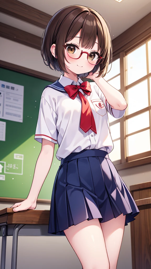 Cutesy、Comical movement、nichijo style、smile、mischief、lure、Expectations、surprise、Shyness、School、classroom、Daytime、Cute girl , Shooting from below, One Girl, Brown Hair、Very short hairstyle, Brown eyes、Red frame glasses、White short sleeve blouse, Navy Blue Skirt, Navy blue socks, Brown Loafers,Highest quality, 4K, 8k, High resolution, masterpiece:1.2, Very detailed, Realistic, photoRealistic, photo-Realistic:1.37, High resolution, 超High resolution, Studio Lighting, Ultra-fine painting, Sharp focus, Physically Based Rendering, Very detailed explanation, Professional, Vibrant colors, bokeh