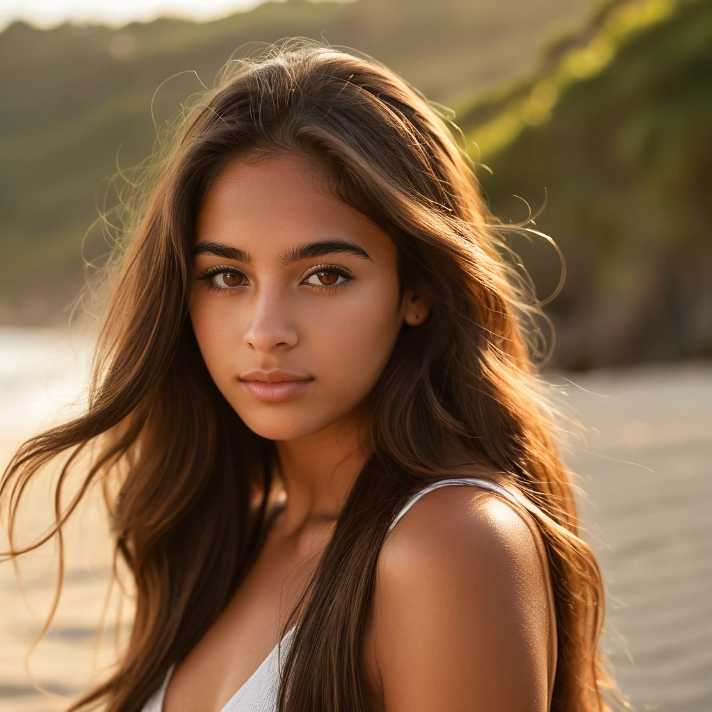 Photorealistic portrait of a 21-year-old Colombian girl with long, flowing brown hair and striking dark eyes. She should have a natural, approachable expression and be lit by soft, golden light. The background should be a heavenly outdoor setting, such as a sunny beach. Capture this image with a high-resolution photograph using an 85 mm lens for a flattering perspective.