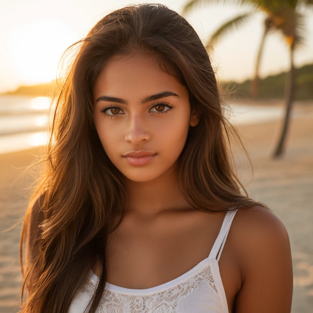 Photorealistic portrait of a 21-year-old Colombian girl with long, flowing brown hair and striking dark eyes. She should have a natural, approachable expression and be lit by soft, golden light. The background should be a heavenly outdoor setting, such as a sunny beach. Capture this image with a high-resolution photograph using an 85 mm lens for a flattering perspective.