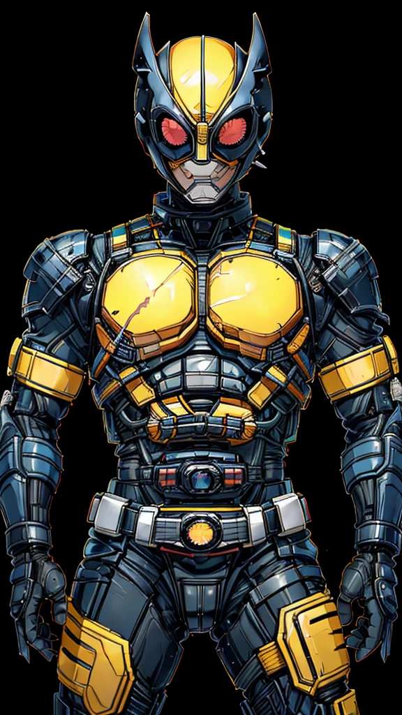 (8k),(masterpiece),(Japanese),(8-year-old boy),((innocent look)),((Childish)),From the front,smile,cute,Innocent,Kind eyes,Flat chest, yellow helmet,black domino mask,whitemask, Wolverine costume,Bald,No Hair, Henshin Pose,night,dark, Neon light cyberpunk city,Kamen rider,camisa, upper body  close up 