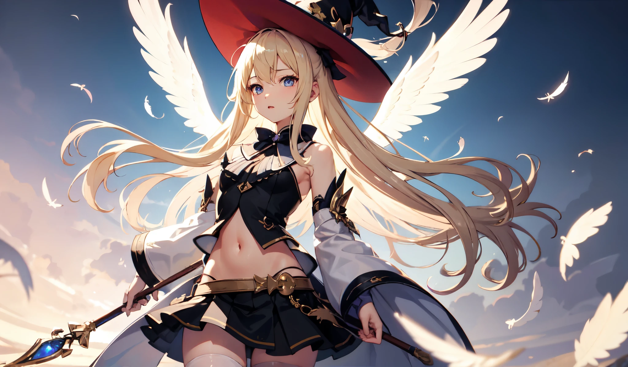 Afterimage, Bokeh, Blurred foreground, Wide Shot, 超High resolution, retina, masterpiece, Attention to detail, Highest quality, High resolution, 4K,god々In a cool atmosphere、A blonde angel descends from the sky、White feathers flutter.Magical girl、Witch Hat、Magic wand、Detailed face、Black knee-high socks and knee skirt、Thighs、Navel peeping、whole body,Peeping