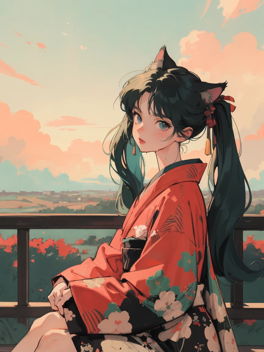anime girl sitting on floor looking, anime aesthetic, anime vibes, Lofi Artstyle, Lo-fi portrait. anime, Lofty Girl, anime art wallpaper 4 k, anime art wallpaper 4k, anime art wallpaper 8 k, anime background art, Lofi Color, Lofi Art, anime asthetic, Twin tails, kimono, kimono, Countryside view, In nature, Wet day, Outside, Cloudy, Cat ear