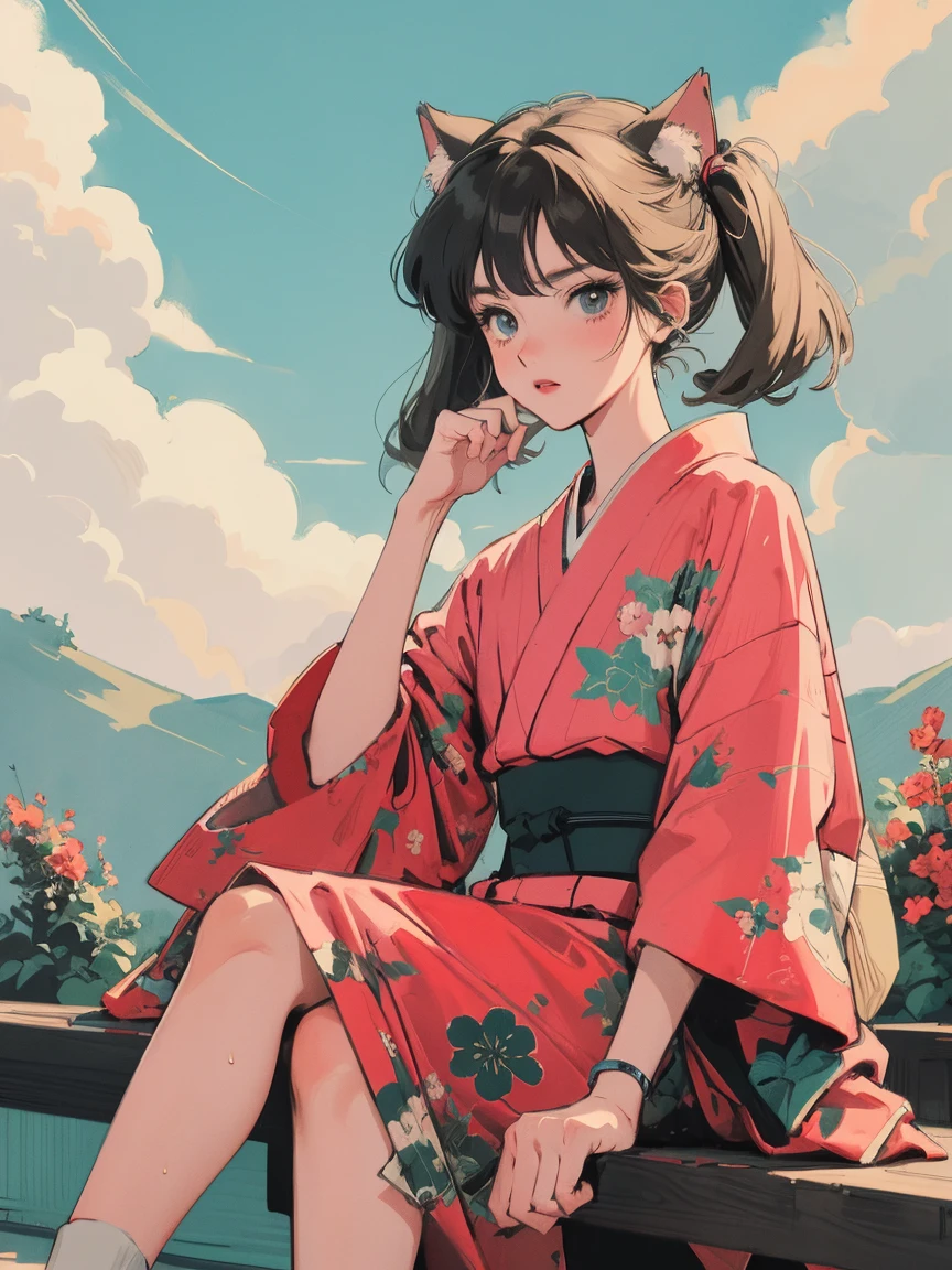 anime girl sitting on floor looking, anime aesthetic, anime vibes, Lofi Artstyle, Lo-fi portrait. anime, Lofty Girl, anime art wallpaper 4 k, anime art wallpaper 4k, anime art wallpaper 8 k, anime background art, Lofi Color, Lofi Art, anime asthetic, Twin tails, kimono, kimono, Countryside view, In nature, Wet day, Outside, Cloudy, Cat ear