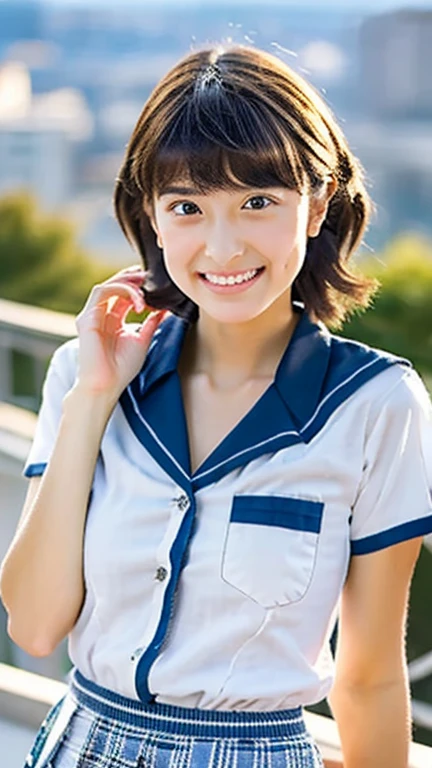 (masterpiece:1.3, Highest quality, Ultra-high resolution, Very detailed), (Realistic:1.1, photoRealistic:1.4), beautiful photo, Perfect lighting, colorful, Written boundary depth,
Beautiful detailsまでこだわった髪, Beautifully detailed face, Beautiful details, Beautiful clavicle, Beautiful body, Beautiful breasts, Beautiful thighs, Beautiful feet, Beautiful fingers,
View your viewers, 1 girl, Japanese, high school girl, Perfect Face, (Perfect Anatomy, Anatomically correct), Cute and symmetrical face, Baby Face, Sunburn, Glowing Skin,
(Medium Hair:1.5, blonde), Asymmetrical bangs, blue eyes, Long eyelashes, (Center of chest), thin,
((Collared short-sleeved shirt, Light blue shirt, , Grey plaid pleated skirt, To the Navy)), Sexy see-through white lace panties,
(Beautiful views), evening, (Outdoor, distant cityscape), Are standing, (peace sign), (Cute Smile, blush、Upward glance, Open your mouth),