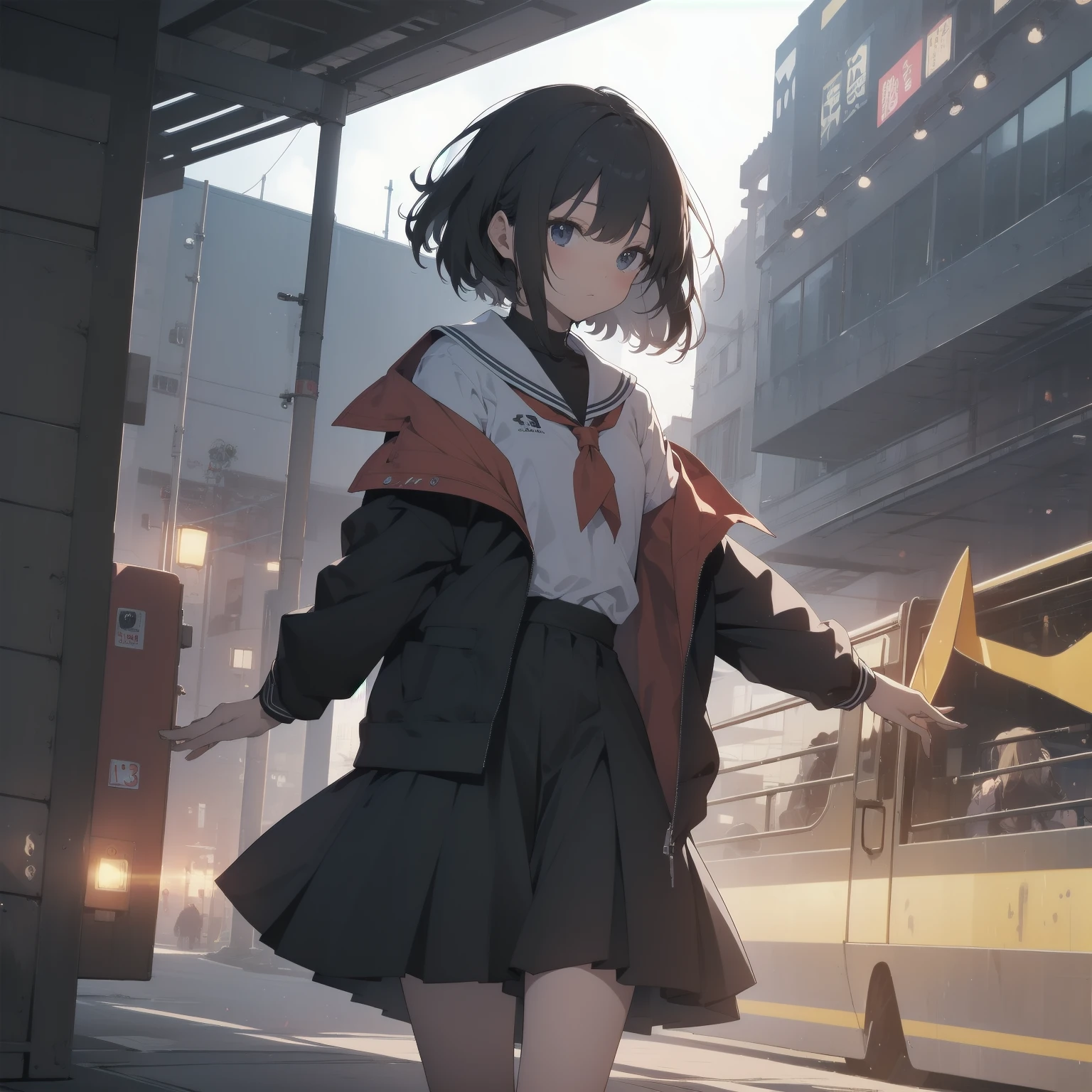 ultra-absurdres-Top quality by artist God, ultra-detailed, high resolution, anime moe artstyle, best anime 8k konachan wallpaper, pixiv contest winner, pool:2810, perfect anatomy,break, 1girl, (Please draw a girl walking sleepily to school alone. )break,(Solo,little female, 13-year-old:1.3),Full limbs, complete fingers,a junior high school student, (very short hair), short cut, flat chest, , small butt, small black eyes, beautiful detailed eyes, well-proportioned iris and pupils, expressive eyes, highres detailed hair, soft expression, salor school_uniform, sailor collar, serahuku, bow, pleated skirt,(Detailed Lighting), (Detailed background), in the School commute route. break,super detailed skin, Best cinematic lighting powered by famous artist, 8k,beauty illustration,photoshop_(medium),very aesthetic,break,((artist:yuuhagi_(amaretto-no-natsu) )), artist:clamp ,artist:carnelian ,artist:kantoku ,