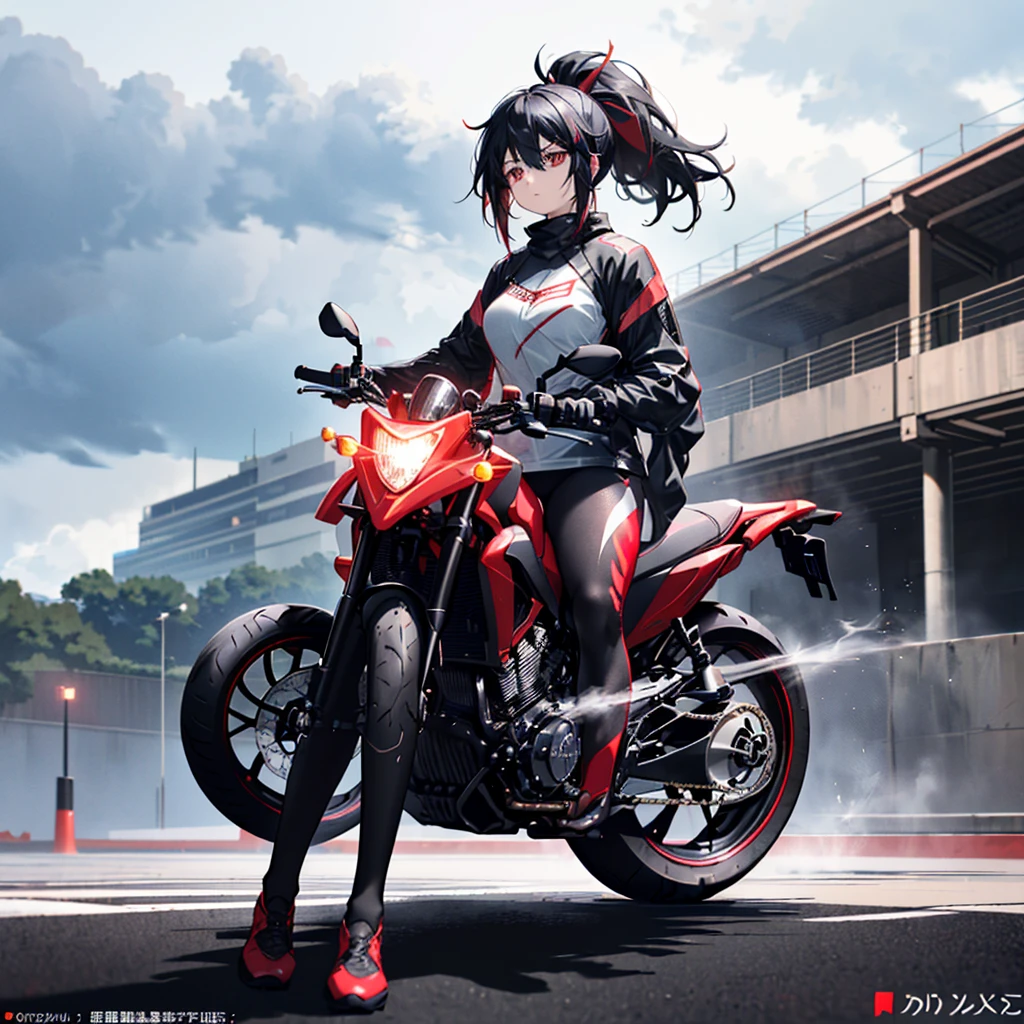 ((((Female rider、forward leaning posture　Full Body Tights、Black　Red Motorcycle、get on))))　(((Black Hair、ponytail、Blowing in the Wind　Bright red eyes)))　((Expressway、Light、Light))　Shining Edge　Shining Background