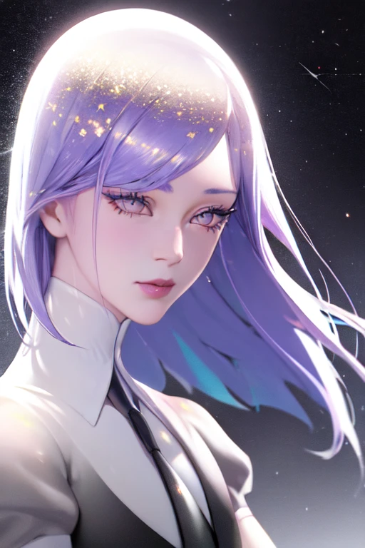 1girl, beautiful face, ((white eyes)), sexy pose, lilac hair color, shiny hair, ((gem-like)), stars, space, (lightroom:1.13), soft light, (natural skin texture:1.2), (hyperrealism:1.2), sharp focus, focused,[[realistic]], houseki no kuni style