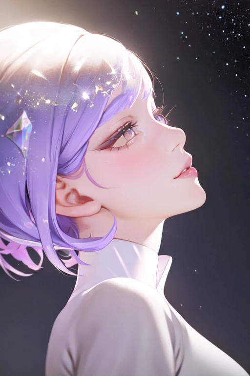 1girl, beautiful face, ((white eyes)), sexy pose, lilac hair color, shiny hair, ((gem-like)), stars, space, (lightroom:1.13), soft light, (natural skin texture:1.2), (hyperrealism:1.2), sharp focus, focused,[[realistic]], houseki no kuni style