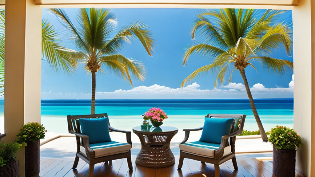 Step out onto the balcony of a modern, luxurious resort hotel in a tropical paradise, where the stunning emerald green sea stretches out before you. Seated on the sleek, contemporary deck furniture, you feel the warm breeze as you relax under the bright, shining sun. Surrounding you are other luxurious, modern resort hotels, adding to the upscale atmosphere of the resort. The sky is clear and blue, with the sun casting a golden glow over the landscape. The soothing sound of waves reaches your ears, and the palm trees sway gently in the breeze. The calm waves are visible, adding to the serene beauty of the scene. In this peaceful ambiance, you can smell the distinct tropical fragrance and feel the warmth of the day, fully indulging in the luxury of the resort. Describe this scene in vivid detail, capturing the ultra-high-resolution, photo-like quality of the moment as seen from the balcony.
