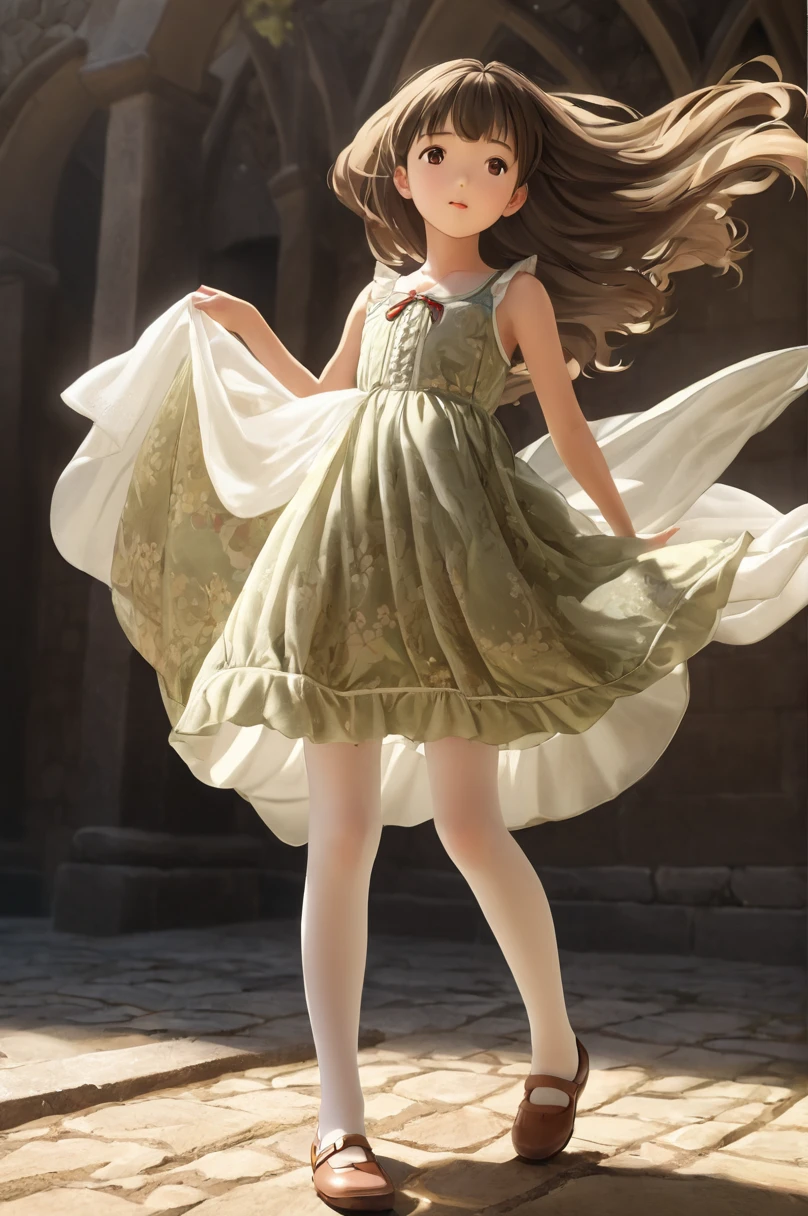 10 year old girl underwear, Ayako Kuroba、Realistic bloomers made from patterned cotton fabric, Medieval one-piece dress with panniers, Fabric Realism, Low - Angle, I see bloomers, Pull up the dress by hand, Strong winds, Translucent slip, Translucent slip, tights, Highest quality,  whole body