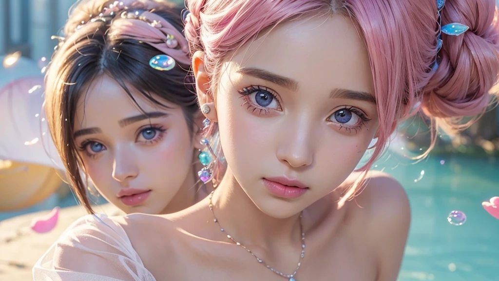 ((masterpiece)). This work is wonderful, smile, dream-like、Fantastic, Soft pink watercolor shades with candy accents. Generate and explore delicate and discreet fairies (A colorful bubble gum world in pastel colors). Her sweet face is extremely detailed and realistic with elegant features and a fierce expression, And it becomes ((((Naomi Scott)))). Mature characteristics and stunning, Extremely realistic eyes. Her eyes are important、Be realistic, Very detailed, And it's beautiful. High resolution and detail, Include many details like stars, Milky Way, Colorful bubbles, Colorful petals, And a lot of energy and emotion! Stars and colorful bubblegum bubbles are important! Include fantasy details, Enhanced Details, iris, Colorful sparkling wind, And pollen. Pay special attention to her face、Make sure it's beautiful and realistic in detail。. The image should be dream-like、Fantastic.8k, Complex, elegant, Very detailed, Majestic, Digital photography