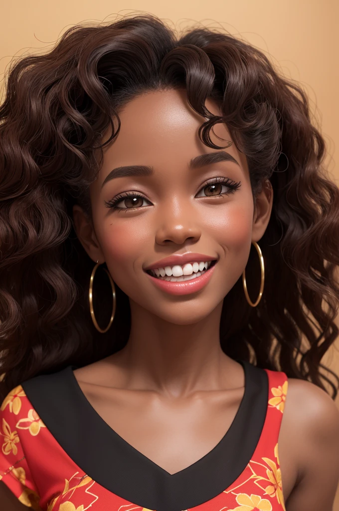 Create a 3D illustration of an animated skinny . The character must wear a red Hawaiian dress, black Power and wavy hair, brown skin, open middle tooth.
