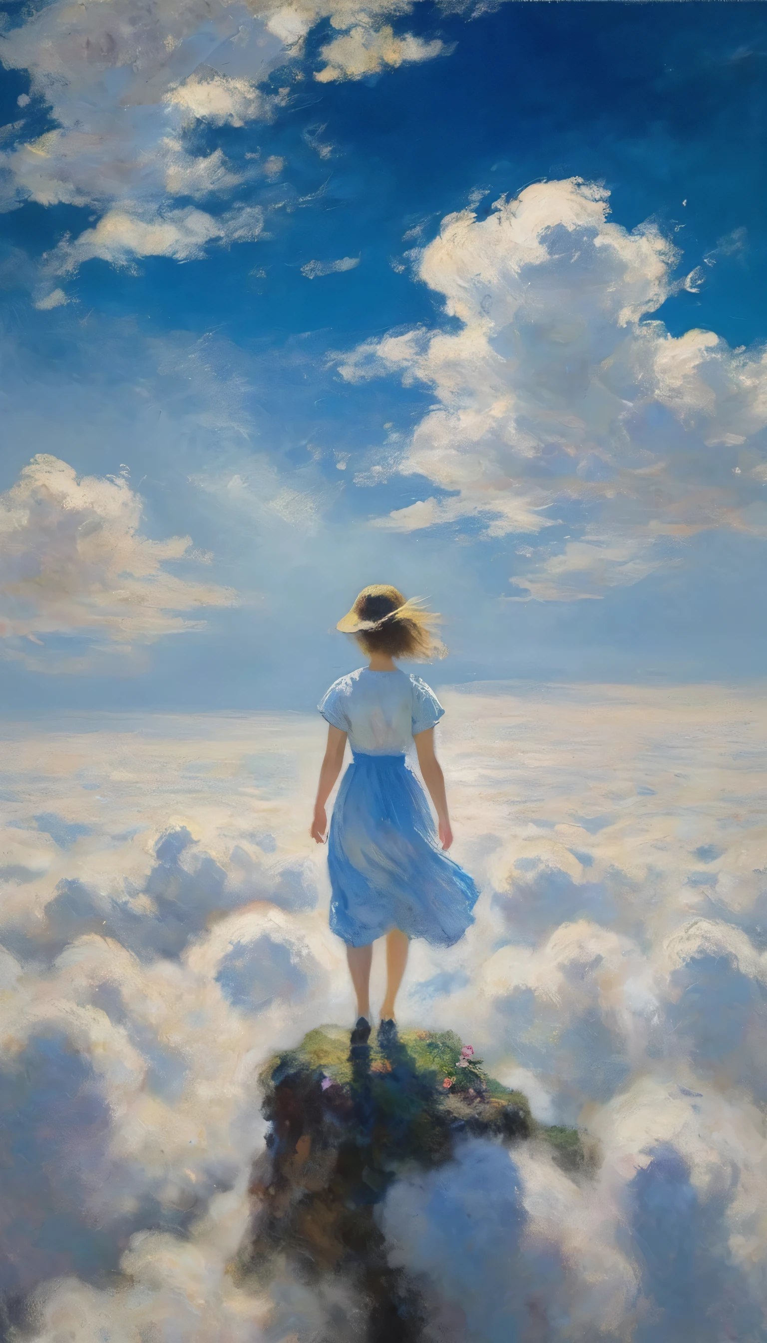 (View from above the clouds:1.6), Girl Flying in the Sky、Feathered Cat、Holding a bouquet、Beautiful Face、(Oil pastels:1.4), Mad Paint、Dark blue sky、White cumulonimbus cloud、Masterpiece、Highest quality、Golden Ratio、Impressionism、pastel colour、impressionist painting、