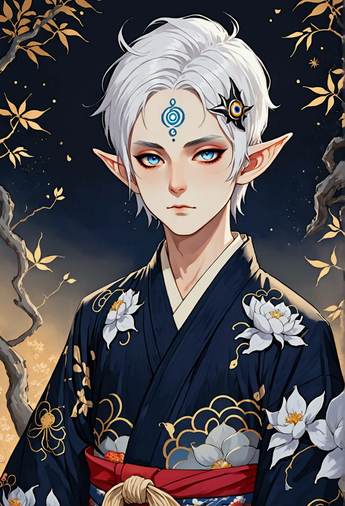 Japanese Anime,Gothic Art,(((1 Boy,独奏,third eye on the forehead,Dark eyeshadow.Middle-parted white hair-super short hair,Elf ears))),(((Gorgeous Japanese kimono:1.6,Eye Diagram,Dark Pattern))).(((blue))),Soft and elegant colors