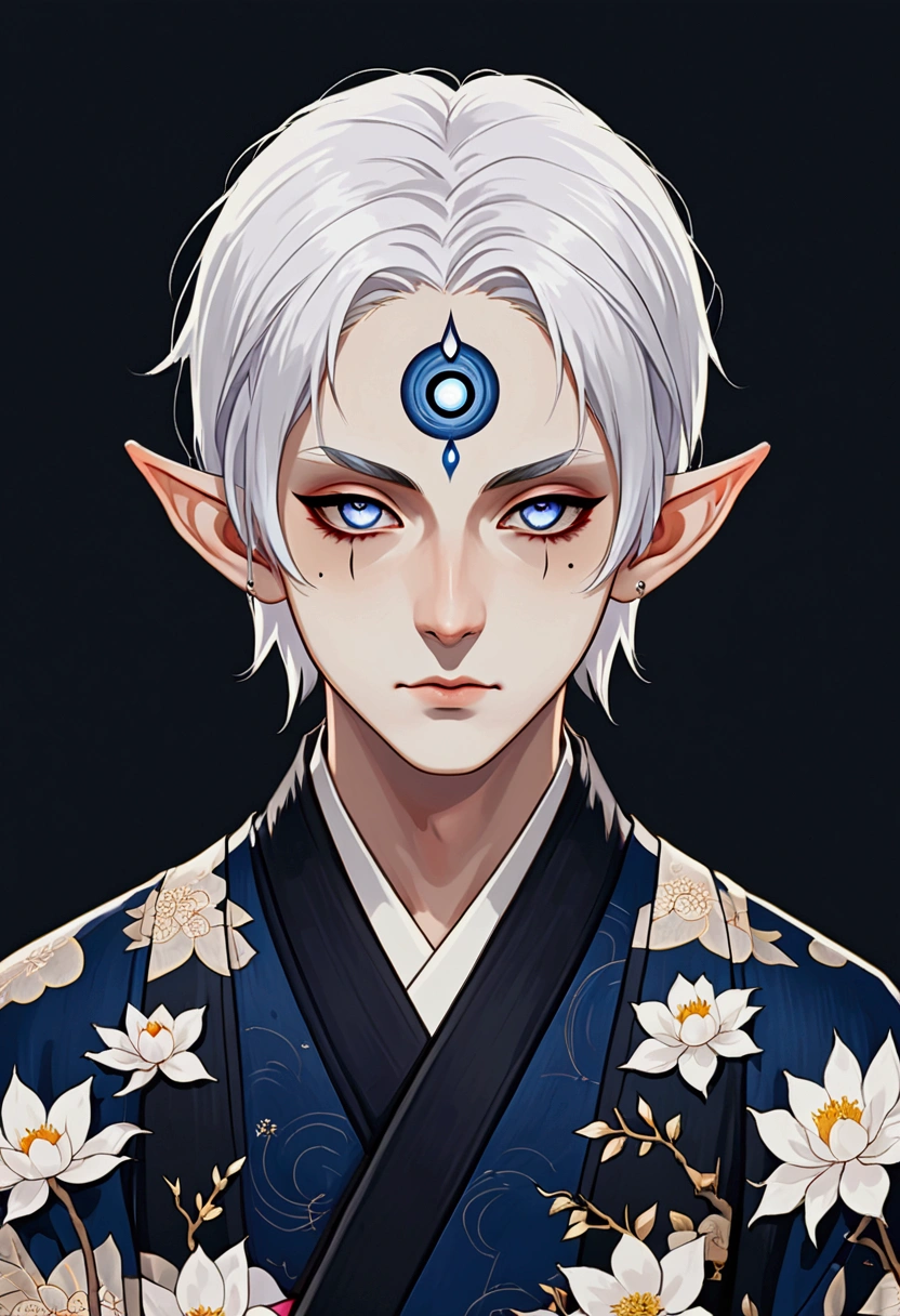 Japanese Anime，Gothic Art，(((1 Boy，独奏，third eye on the forehead，Dark eyeshadow.Middle-parted white hair-super short hair，Elf ears))),(((Gorgeous Japanese kimono：1.6，Eye Diagram，Dark Pattern))).(((blue)))，Soft and elegant colors