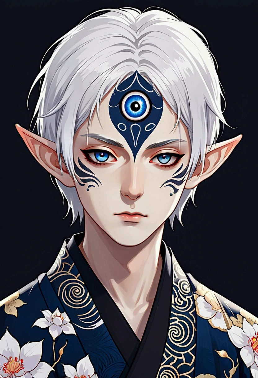 Japanese Anime,Gothic Art,(((1 Boy,独奏,third eye on the forehead,Dark eyeshadow.Middle-parted white hair-super short hair,Elf ears))),(((Gorgeous Japanese kimono:1.6,Eye Diagram,Dark Pattern))).(((blue))),Soft and elegant colors