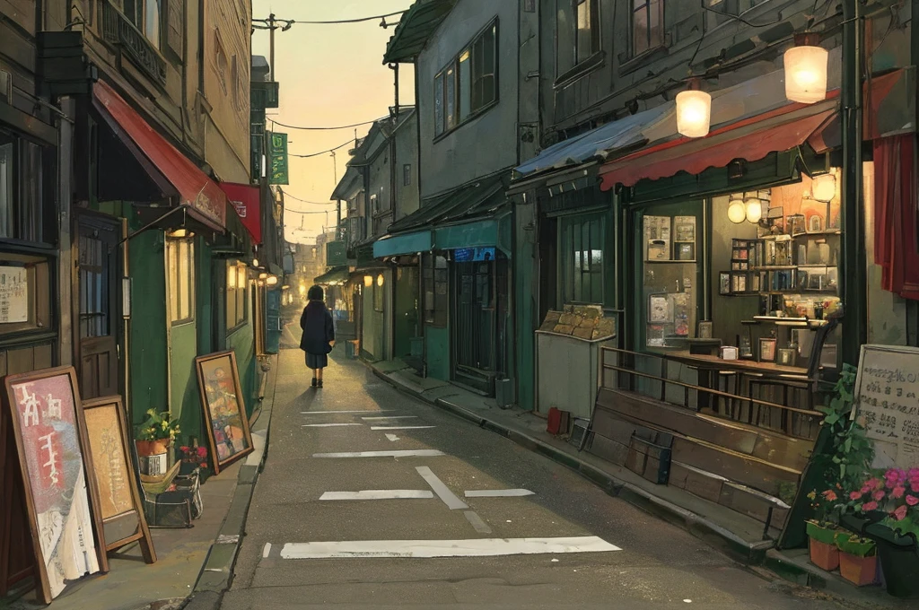 (masterpiece、Highest quality、Highest quality、Official Art、Beautiful and aesthetic:1.2)、Near future、Slum Street、Late at night、Lo-fi Hip Hop、Cafe with small lights、Residential Street、silence、It's raining a little、人いない景色anime background, anime wallpaper, anime, anime style, praise, praise style, Modern Japanese streets, Mountain々, Uphill, Japanese Convenience Stores, big retro japanese Store sign, Retro Japanese shop, wood, plant, rock, 植wood鉢, Store sign, Japanese Banner, Japanese Signs, flag, sunrise, Golden Hour, Golden lighting, Empty Streets, no one in sight, (no one: 1), Highest quality
