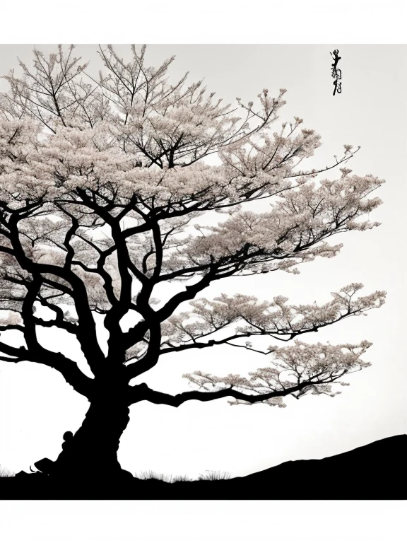 Penmanship,one cerry blossom big tree,monochrome,old painting,white background,far away,tribal,silhouette