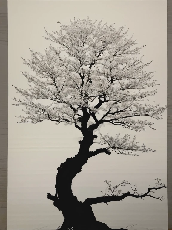 Penmanship,one cerry blossom big tree,monochrome,old painting,white background,far away,tribal,shadow
