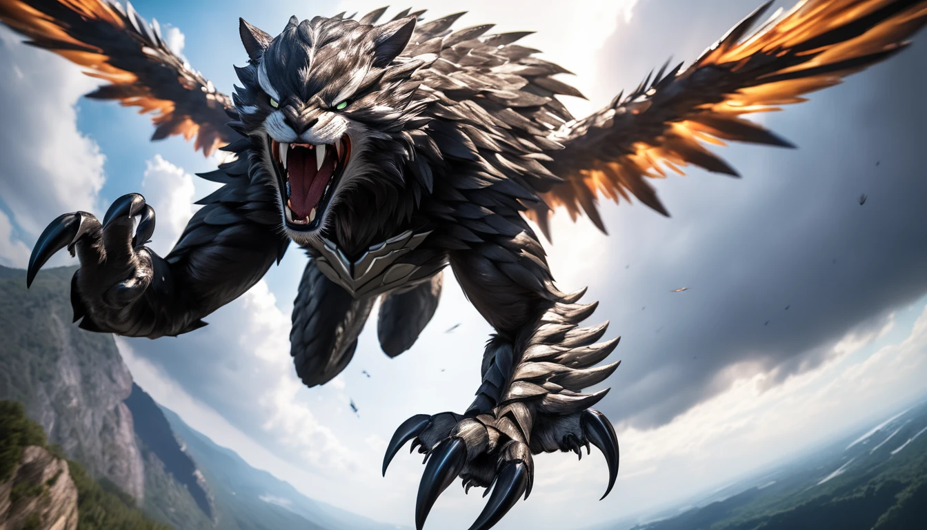 Realistic photos, RAW Photos, arc angel, attacks viewer, Powerful movements, jump on prey, ((Dynamic jump)), Sharp Claws, arc angel approaching from above, sudden approach, Bad-tempered, dynamic Shot from grand