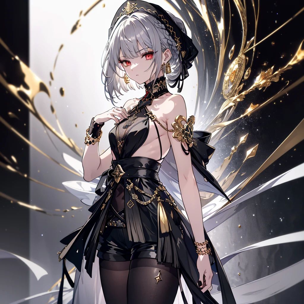 8k,High resolution RAW color art,Anime Art,Silver Marble Skin, (((Very detailed and cool))), Detailed skin, Bokeh、texture,(Exquisitely crafted, The finer details, Ultra-detailed art), (((1 girl))), Depth of written boundary, Silky Touch, Hyper Detail, (((Cool face))), eye shadow、Armed women, Beautiful detailed red eyes, Beautiful lip detail, Highly detailed face, Delicate depiction of hair and eyes, Detailed Fashion, Golden Earrings,Full body depiction, Black half top、(((Shoulder Bare)))、Black shorts、Waist Cloak、black tights、Golden decoration, Grey Hair, Golden bracelet, Straight Hair、Short Hair、(((Hair)))、Simple Background、(((Black theme)))、snow、Side view、Crouch、look down、cloth、cool、
