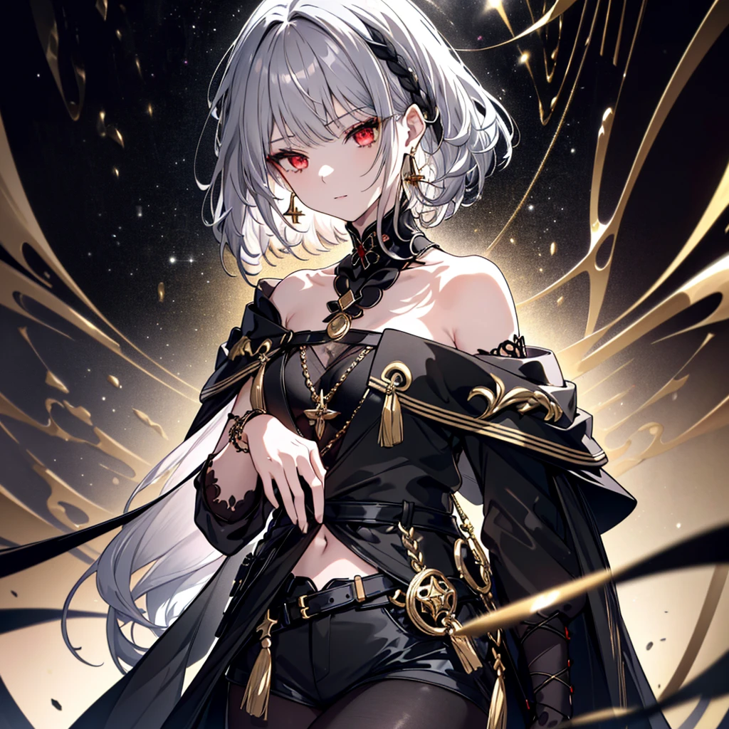 8k,High resolution RAW color art,Anime Art,Silver Marble Skin, (((Very detailed and cool))), Detailed skin, Bokeh、texture,(Exquisitely crafted, The finer details, Ultra-detailed art), (((1 girl))), Depth of written boundary, Silky Touch, Hyper Detail, (((Cool face))), eye shadow、Armed women, Beautiful detailed red eyes, Beautiful lip detail, Highly detailed face, Delicate depiction of hair and eyes, Detailed Fashion, Golden Earrings,Full body depiction, Black half top、(((Shoulder Bare)))、Black shorts、Waist Cloak、black tights、Golden decoration, Grey Hair, Golden bracelet, Straight Hair、Short Hair、(((Hair)))、Simple Background、(((Black theme)))、snow、Side view、Crouch、look down、cloth、cool、