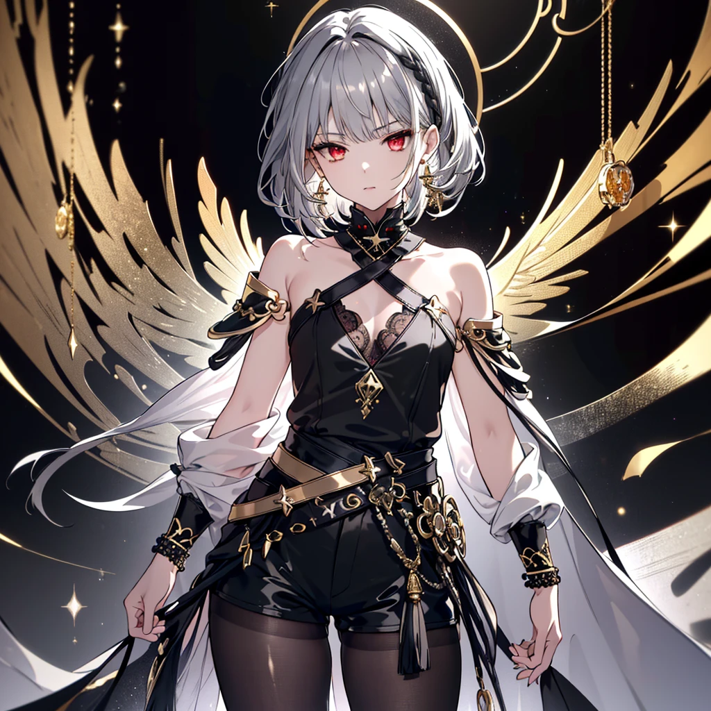 8k,High resolution RAW color art,Anime Art,Silver Marble Skin, (((Very detailed and cool))), Detailed skin, Bokeh、texture,(Exquisitely crafted, The finer details, Ultra-detailed art), (((1 girl))), Depth of written boundary, Silky Touch, Hyper Detail, (((Cool face))), eye shadow、Armed women, Beautiful detailed red eyes, Beautiful lip detail, Highly detailed face, Delicate depiction of hair and eyes, Detailed Fashion, Golden Earrings,Full body depiction, Black half top、(((Shoulder Bare)))、Black shorts、Waist Cloak、black tights、Golden decoration, Grey Hair, Golden bracelet, Straight Hair、Short Hair、(((Hair)))、Simple Background、(((Black theme)))、snow、Side view、Crouch、look down、cloth、cool、
