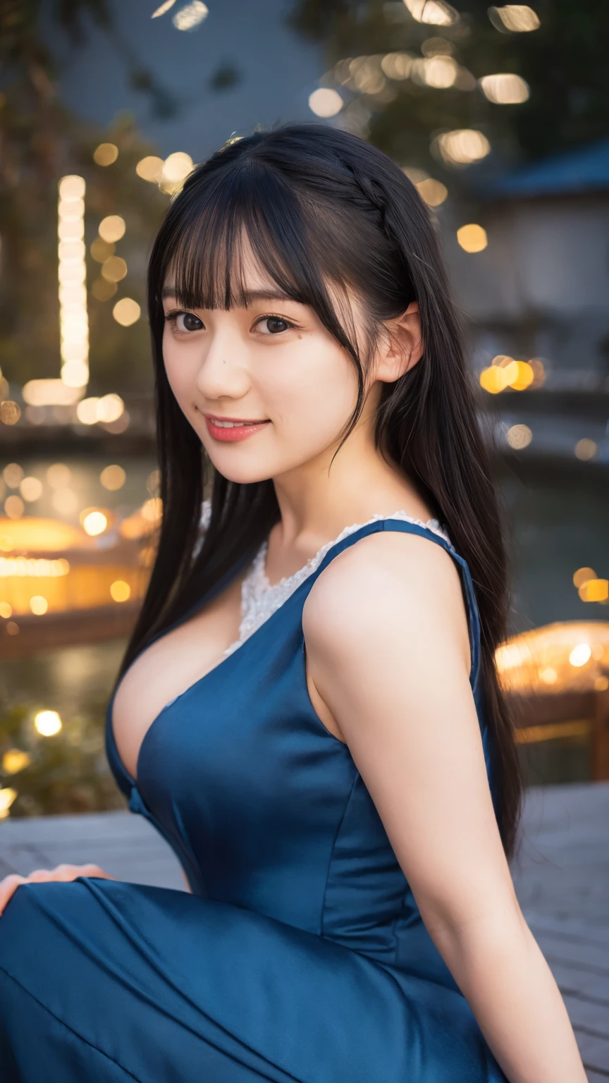 1girl,(wearing a blue evening dress:1.2),(RAW photo, best quality), (realistic, photo-realistic:1.4), masterpiece, an extremely delicate and beautiful, extremely detailed, 2k wallpaper, Amazing, finely detail, extremely detailed CG unity 8k wallpaper, ultra-detailed, highres, soft light, beautiful detailed girl, extremely detailed eyes and face, beautiful detailed nose, beautiful detailed eyes,cinematic lighting,city lights at night,perfect anatomy,slender body,light smile,close up,(long hair with bangs), big breast size.