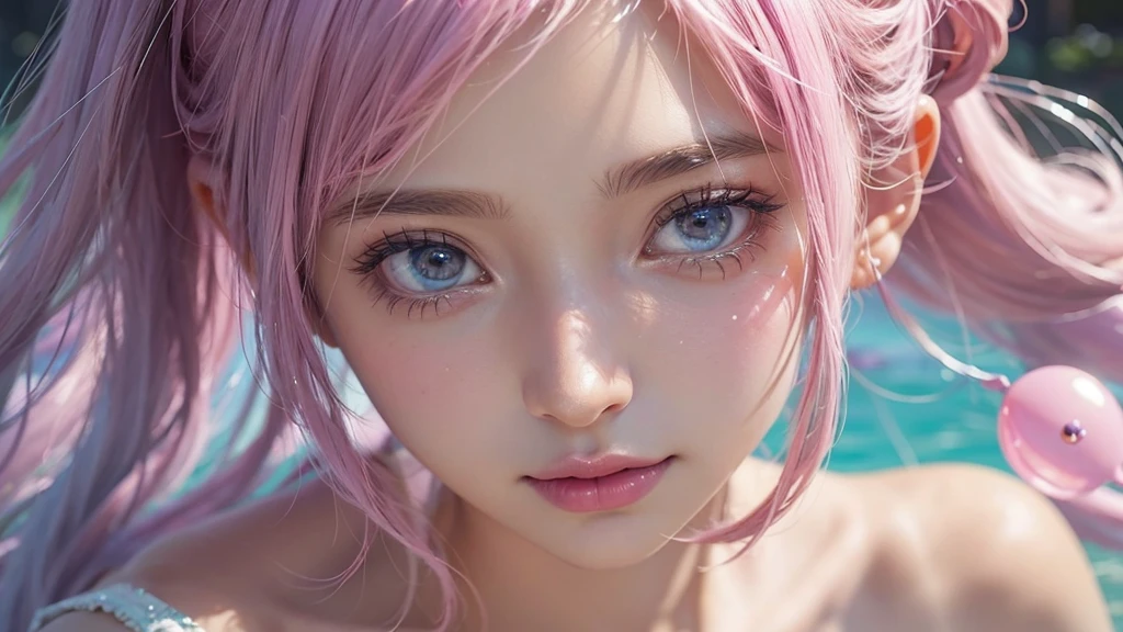 Ultra realistic, open shot, best quality, dream aesthetic (a little blurry in cinematic vibrant light), ultra-detailed, fine details, high resolution (image taken by analog camera), Perfect dynamic composition, illuminated pale skin, perfect shading, beautiful (realistic) detailed clear eyes, naked, pantyhose, pale-pink hair, long messy (silky) hair (pale pink), natural big breasts (nude), Natural Color Lip, face with pleasure and fatigue expression, open mouth, Random and sensual poses, bedroom (background unfocused)、20 year old、dream atmosphere 