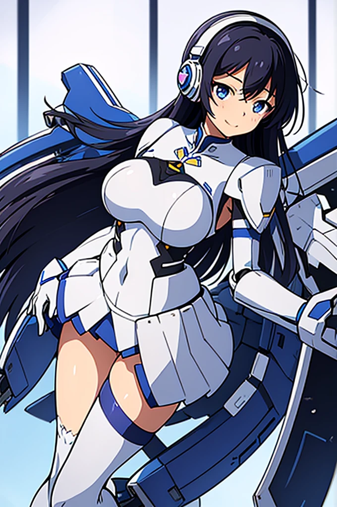 Mecha Wings、White and blue skirt、Accentuated thighs、White tights、chest、Beautiful black hair、1 girl、solo girl、Thick thighs、IS、Frame Arms Girl、Alice Gere Aegis、White Armor、Blue and purple lines、income、headphone、hand on own chest、smile