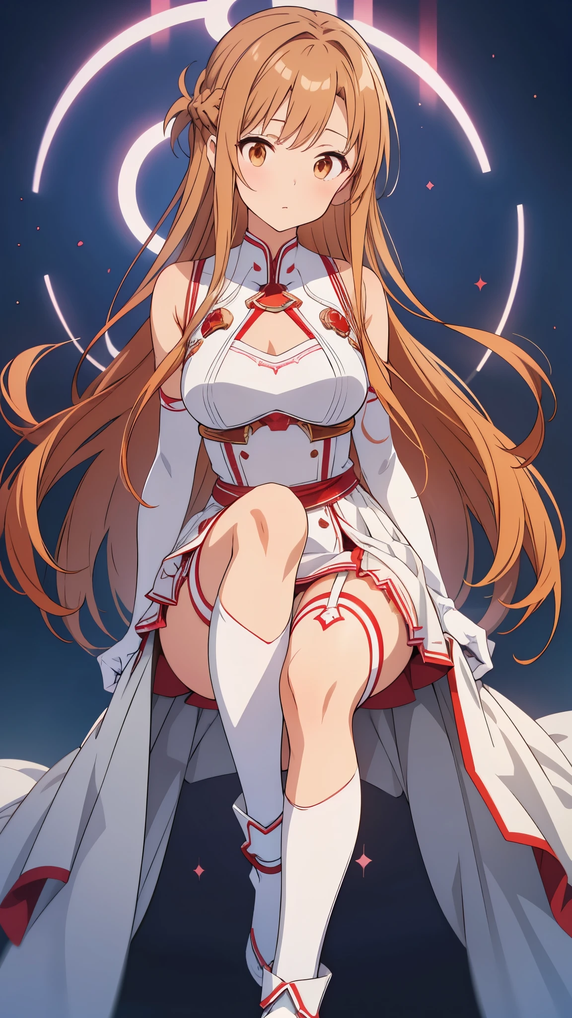 白いdressと赤いストッキングを着た女性が岩の上に座っている、Yuuki Asuna, Beautiful woman in anime style, Highest quality, Perfect Anatomy, Super detailed, One girl, alone, chest, An athletic body, Good move, Good legs, Knees are good, Night Sky, performer, Long Hair, medium chest, View your viewers, Happy, bangs, Brown Hair, Knee socks, gloves, dress, chestの谷間, Exposing shoulders, Brown eyes, very Long Hair, Crossing your legs, white gloves, white dress, armor, white Knee socks, Garter Straps, white armor,