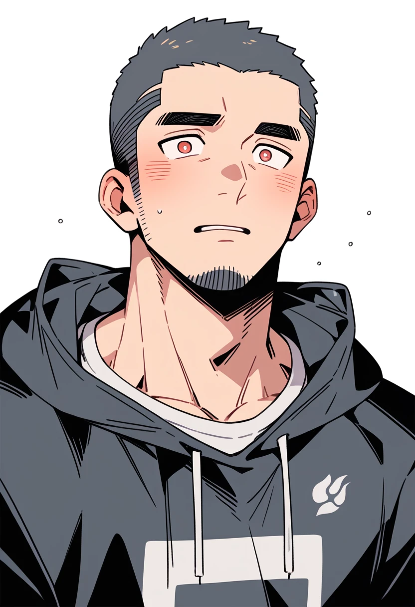 anime characters：Priapus, Muscle Sports Student, Buzz Cut, Manliness, male focus, Sports tight hooded sweatshirt, Very tight, full and perky chest muscles, muscular male, muscular, only, Upper body, alone, Red short hair, Thick eyebrows, stubble, Brown-red pupils, White background, simple background, amazing quality, best aesthetics, Ridiculous, crew cut, parted lips, flustered, endured face, shy, blush, negative space, best quality