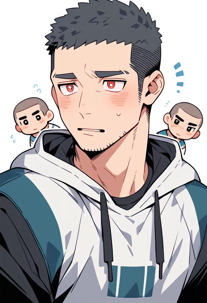 anime characters：Priapus, Muscle Sports Student, Buzz Cut, Manliness, male focus, Sports tight hooded sweatshirt, Very tight, full and perky chest muscles, muscular male, muscular, only, Upper body, alone, Red short hair, Thick eyebrows, stubble, Brown-red pupils, White background, simple background, amazing quality, best aesthetics, Ridiculous, crew cut, parted lips, flustered, endured face, shy, blush, negative space, best quality