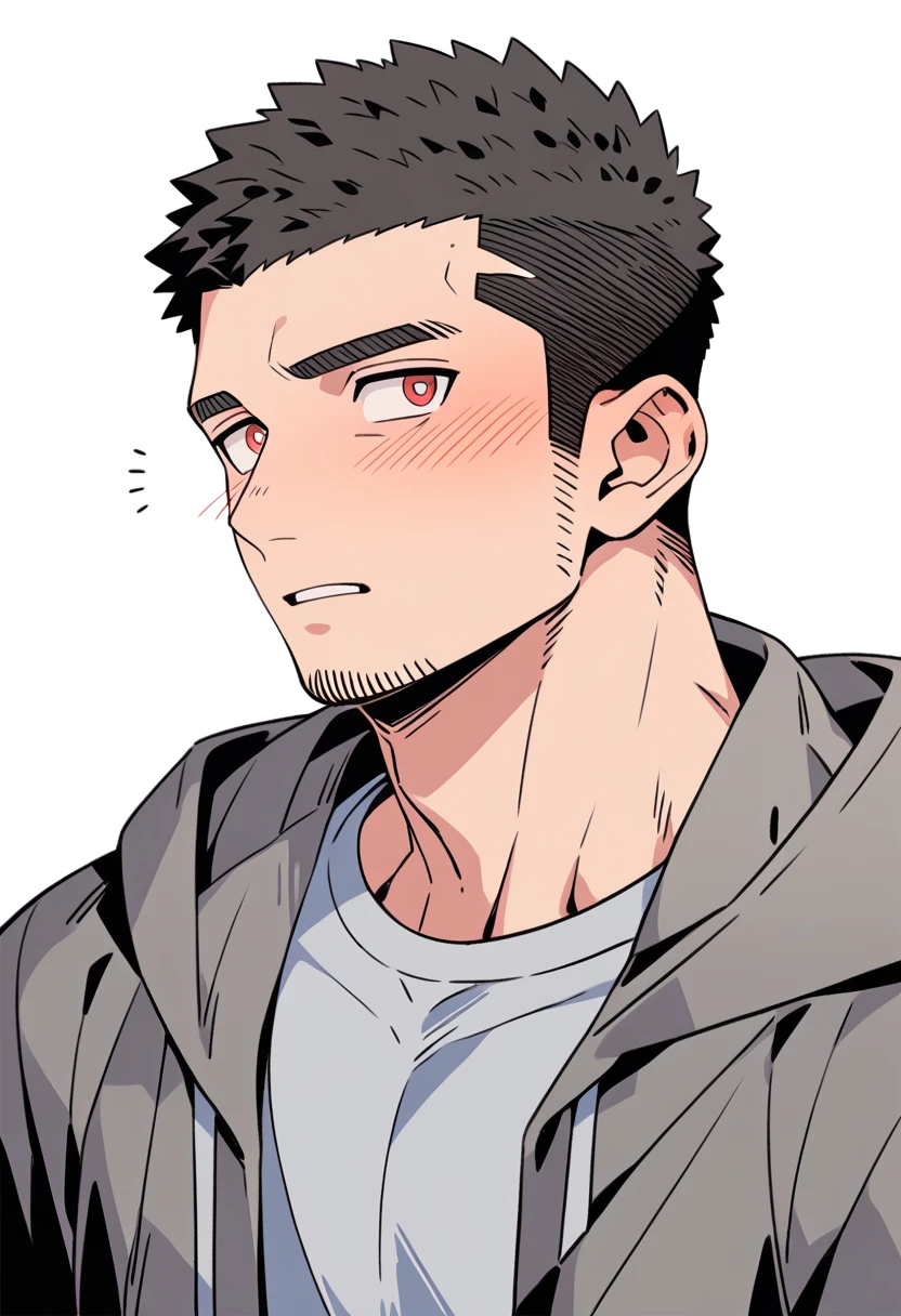 anime characters：Priapus, Muscle Sports Student, Buzz Cut, Manliness, male focus, Sports tight hooded sweatshirt, Very tight, full and perky chest muscles, muscular male, muscular, only, Upper body, alone, Red short hair, Thick eyebrows, stubble, Brown-red pupils, White background, simple background, amazing quality, best aesthetics, Ridiculous, crew cut, parted lips, flustered, endured face, shy, blush, negative space, best quality