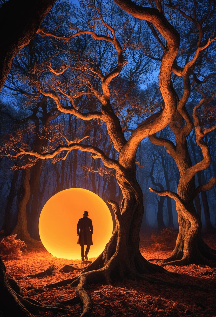 optical illusion, Black light art, conceptual artwork, (best qualityer, high resolution, ultra details), orange tones , portraits, bright coloured, Extremely detailed description, sharp focus, Physically based rendering, studio lighting, horor, magical, mysterious atmosphere, swirling mist, ethereal glow, ancient trees, twisted branches, Moonlit sky, mysterious shadows, mesmerizing, enchanting, hauntingly beautiful, mysterious travelers in the forest,