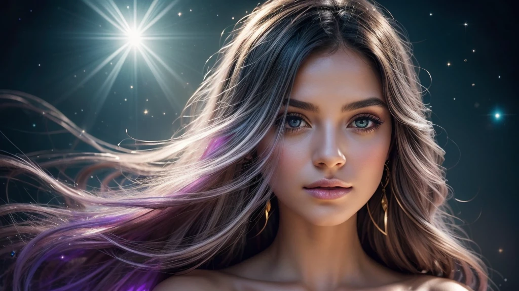 Create a stunning portrait of an ethereal young woman surrounded by a mesmerizing display of magical elements. The woman should have delicate features, with luminous skin that seems to glow from within. Her eyes should sparkle with an otherworldly light, reflecting the magic around her. Her hair should flow gracefully, perhaps with subtle magical highlights or a soft shimmer. Encompassing the woman, create a breathtaking aura of fantastical sparkles and magical dust. These elements should vary in size and intensity, from tiny glimmering specks to larger, more prominent magical particles. The sparkles should have a range of colors, predominantly soft golds, silvers, and iridescent hues that complement the overall color scheme. Integrate floating, gradient atmospheric particles throughout the image. These should be well-illuminated, creating a sense of depth and dimension. The particles could range from soft, misty orbs to more defined, geometric shapes, all contributing to the magical atmosphere. Use a variety of colors for these particles, ensuring they blend harmoniously with the sparkles and the overall composition. The lighting should be soft yet dramatic, with key light sources that highlight the woman's features and the magical elements around her. Consider incorporating rim lighting to create a magical glow around her silhouette. The overall illumination should enhance the fantastical nature of the scene, perhaps with gentle light rays or a soft, ethereal glow permeating the entire image. Ensure the image has high saturation to bring out the vibrancy of the magical elements and the woman's features. The contrast should be well-balanced, creating depth and dimension without overpowering the softer, magical elements. This will help to make the sparkles and particles stand out against the background while still maintaining a cohesive and enchanting overall look. The background should be subtle yet mystical, perhaps featuring a soft gradient or a blurred magical l
