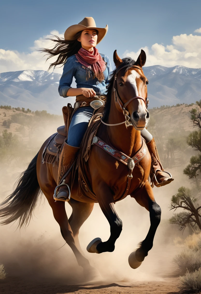 Get ready to be transported to the Wild West with this visually descriptive and detailed image of a cowgirl on horseback. The stylistic rendering captures the essence of the character, from her rugged attire to her fierce determination.