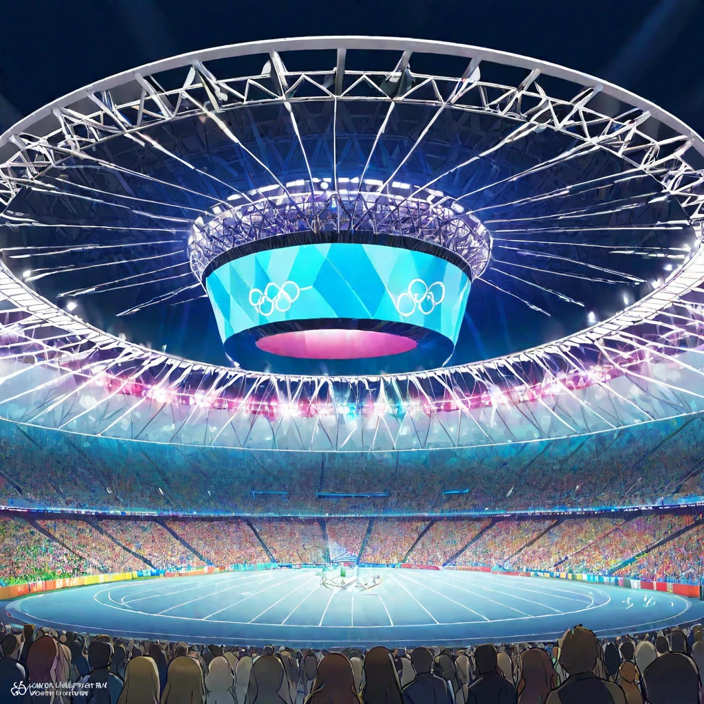 "A modern Olympic stadium, illuminated with vibrant lights during the night. The exterior features sleek glass and steel architecture. The stands are packed with enthusiastic spectators, and the Olympic logo is prominently displayed throughout the venue. The Olympic flag waves proudly in the wind. Inside the stadium, there is a track and field area where athletes are competing. The background shows a clear blue sky, with flags from various countries creating an international atmosphere. The scene is filled with excitement and anticipation, capturing the spirit of the Olympic Games."
