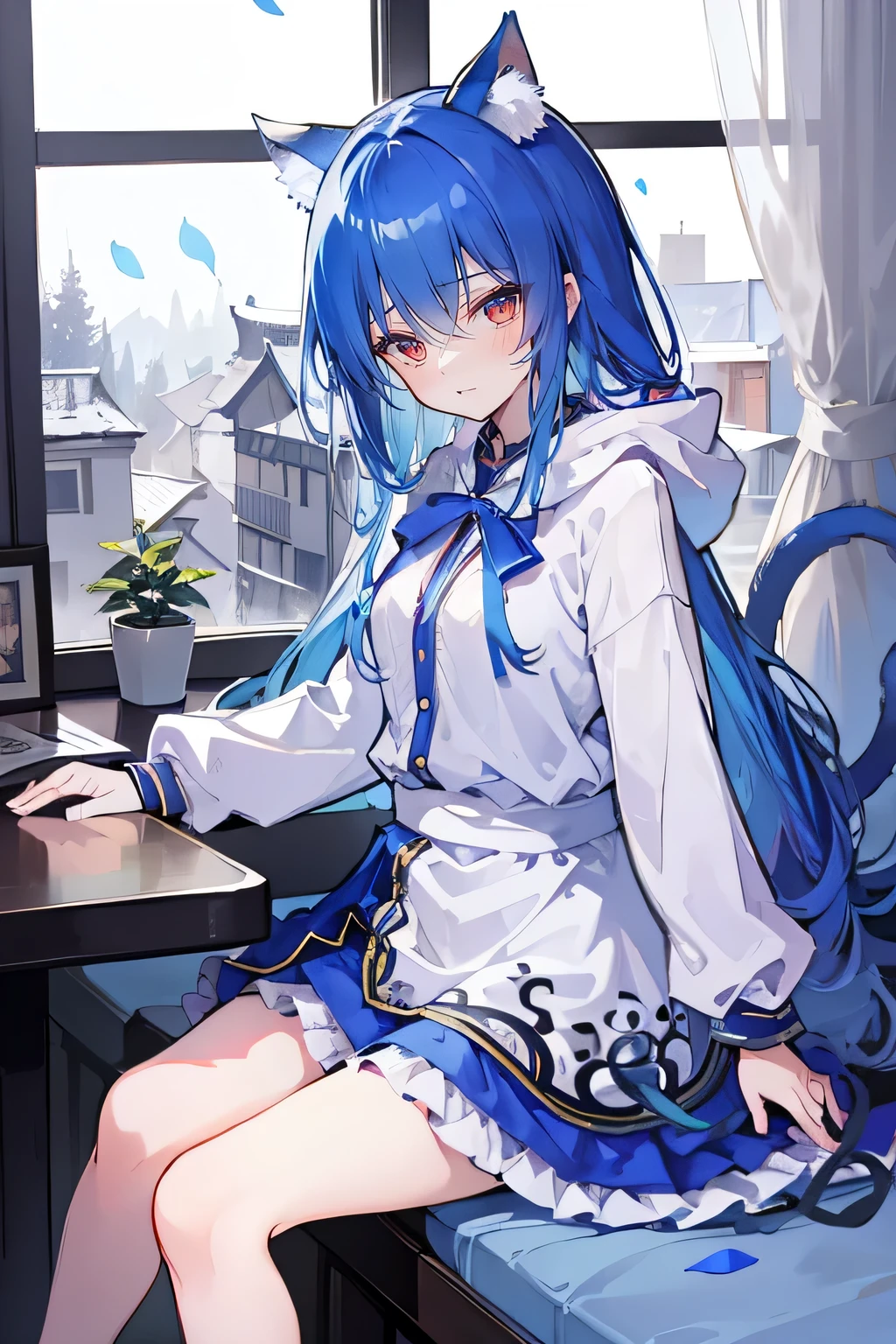 (masterpiece:1.2),Super detailed,lifelike,Expressive eyes,fair skin,perfect face shape,1 girl,
Japanese comics,Gorgeous blue hair,flowing blue hair,flowing clothes,Cat ears,Petals fall,beautiful lola,Baby Angel,
Shaking head with one hand,Cross your legs,Gentle and peaceful background,The pavilion is cool and comfortable,smile, wearing hoodie, In front of the window,snowing,Clear sky,Witch costume,Sitting sideways。