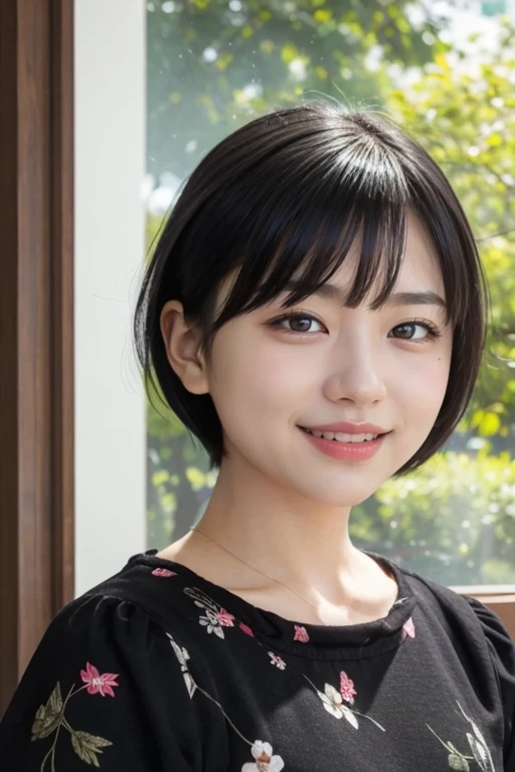 (natural lighting:1.3), 8k, RAW photo, best quality, masterpiece, realistic, photo-realistic, clear, beautiful face, no makeup, best quality, ultra high res, BREAK, Japanese cute girl, 14 years old, (short cut hair:1.2), smile, standing, BREAK, (black eyes, black hair:1.2)