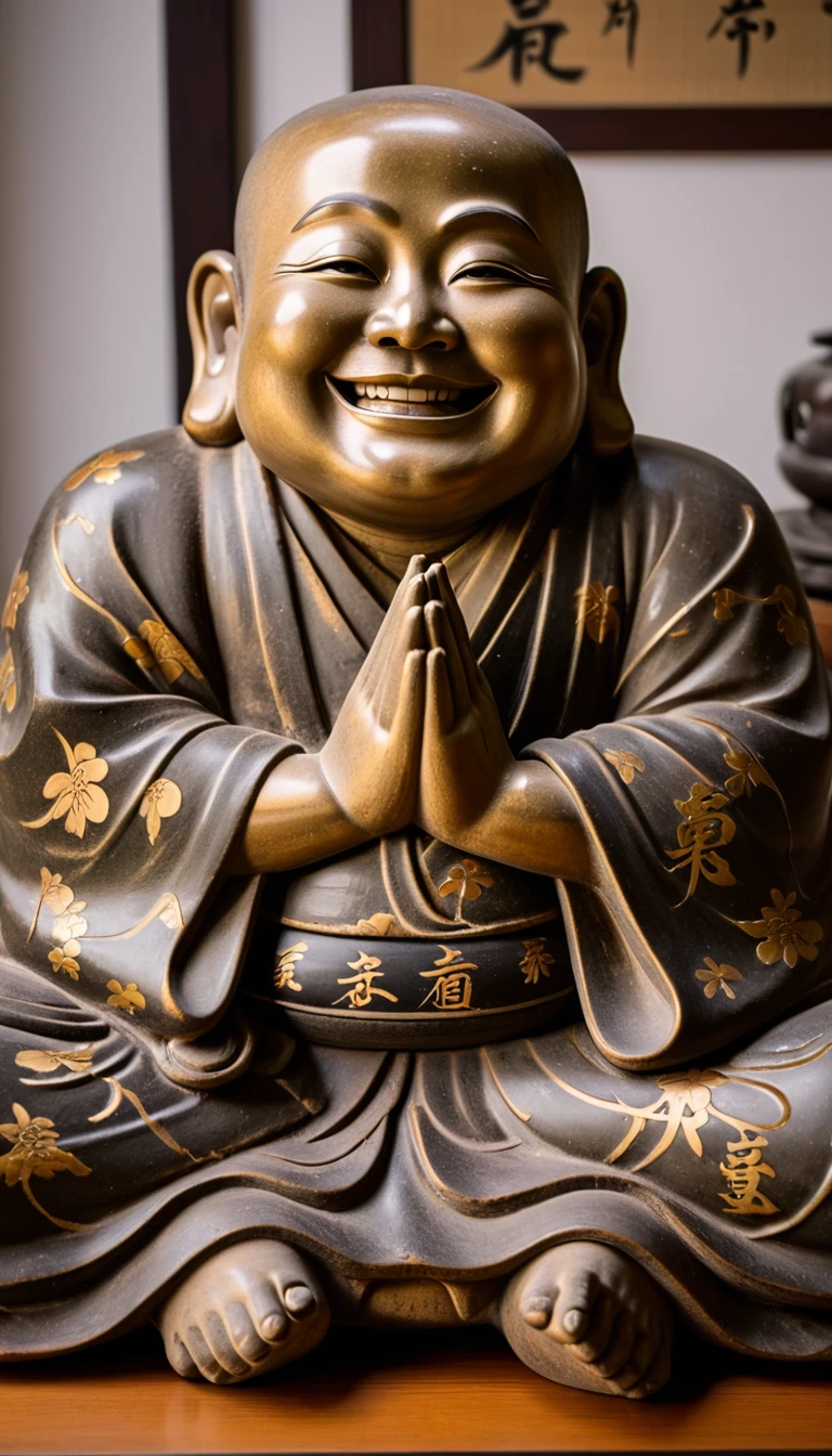 Close-up of a statue of a smiling man with his hands folded, Japanese God, Hotei is on the table, Ancient Japanese monks, Ceramic statue, Studio photo of a ceramic figure, finance, Written by Kano Tan&#39;yū, Inspired by Sesshu Toyo, God of Wealth, Ukiyo-e sculpture,The background is the forest