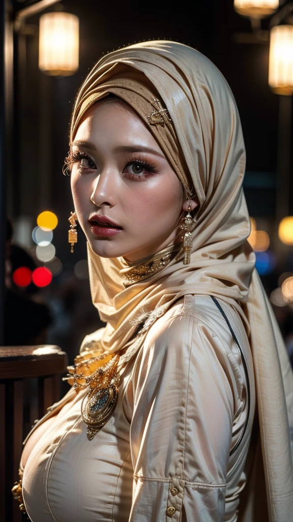 (masterpiece:1.2, Highest quality), Realistic, (live-action, Intricate details, Depth of written boundary), (One girl, alone), compensate, Lips parted,View your viewers, Very detailed, Perfect Face, (Skin Dentition), Glossy coral lips, (A girl wearing a hijab that covers her entire body, Islamic clothing), blush, Raiden is disappointed. (General Raiden) From Genshin Impact,A fine needle,((Natural big breasts:1.2))