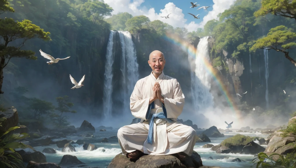 A middle-aged rather thin oriental man with a bald short beard puts his hands together，Showing goodbye，Eyes looking into the camera，Wearing a two-piece light-colored Chinese dress，Standing in the forest with waterfall，There are birds flying，There are white clouds in the blue sky，There is a rainbow above the waterfall，Beautiful and high-definition picture，The details are very clear，With depth of field