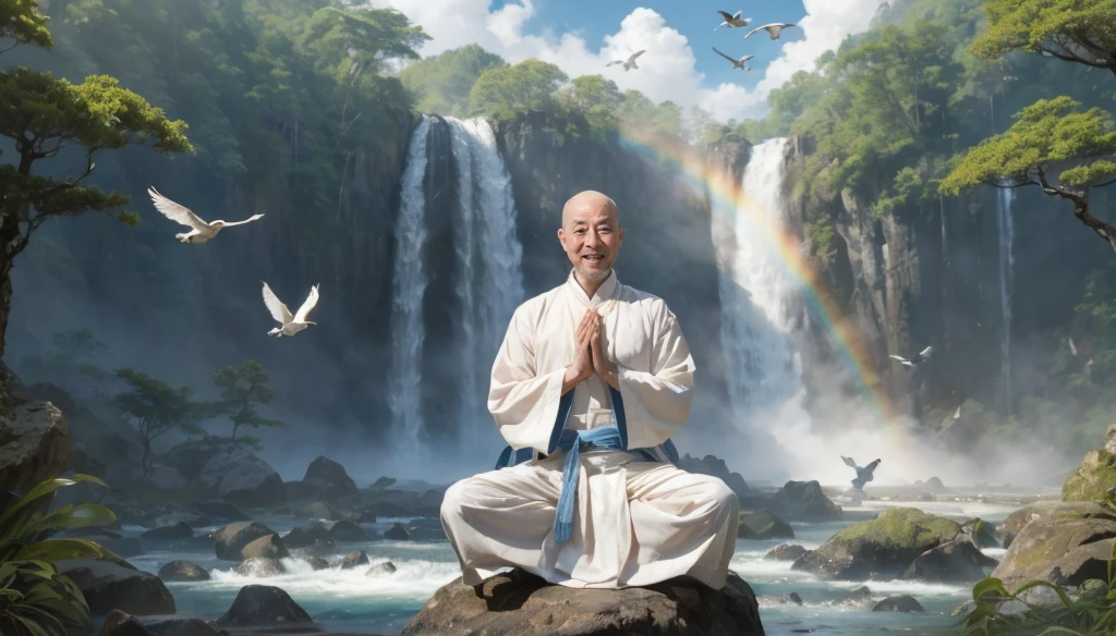 A middle-aged rather thin oriental man with a bald short beard puts his hands together，Showing goodbye，Eyes looking into the camera，Wearing a two-piece light-colored Chinese dress，Standing in the forest with waterfall，There are birds flying，There are white clouds in the blue sky，There is a rainbow above the waterfall，Beautiful and high-definition picture，The details are very clear，With depth of field