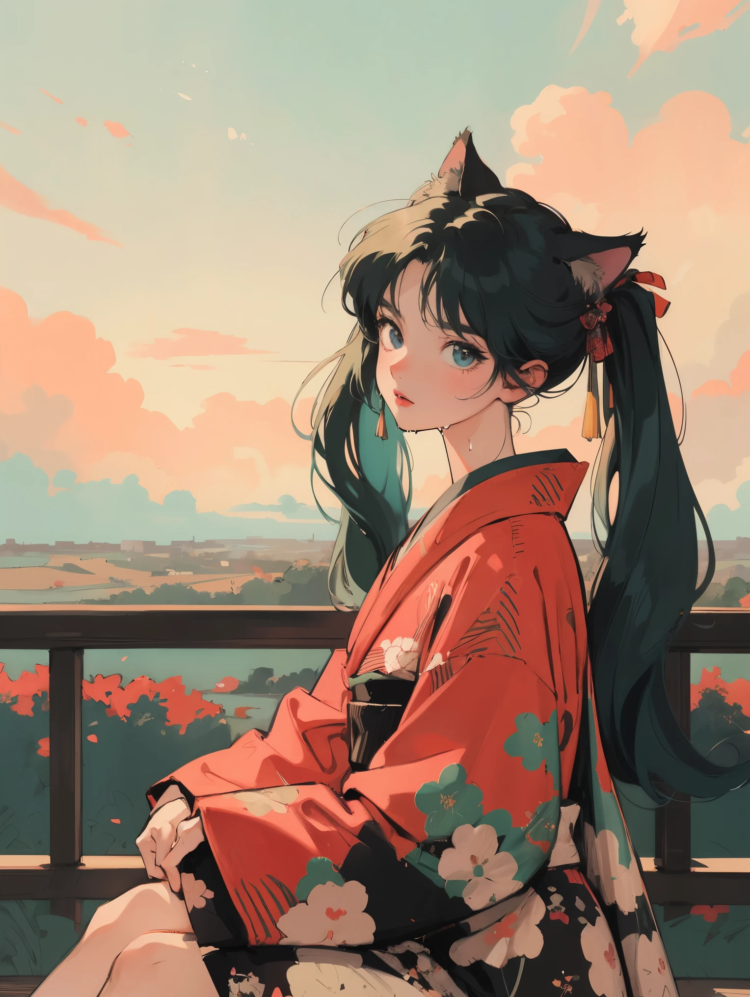 anime girl sitting on floor looking, anime aesthetic, anime vibes, Lofi Artstyle, Lo-fi portrait. anime, Lofty Girl, anime art wallpaper 4 k, anime art wallpaper 4k, anime art wallpaper 8 k, anime background art, Lofi Color, Lofi Art, anime asthetic, Twin tails, kimono, kimono, Countryside view, In nature, Wet day, Outside, Cloudy, Cat ear