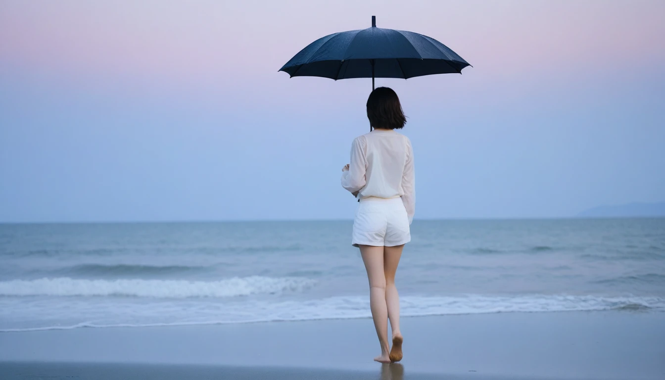 8k, Vivid picture quality, Vivid picture quality, long deserted beach, walking slowly from afar, short medium hair, beautiful appearance, Model-like body, sunset의 붉은 빛, sunset, alone, afternoon, depressed, tide가 밀려온다, rain, black umbrella, ocean, tide, wind, rain가 내리는, Short and slim Korean woman, tower, White shorts, rain가 내리는, walking on the beach with a black umbrella
