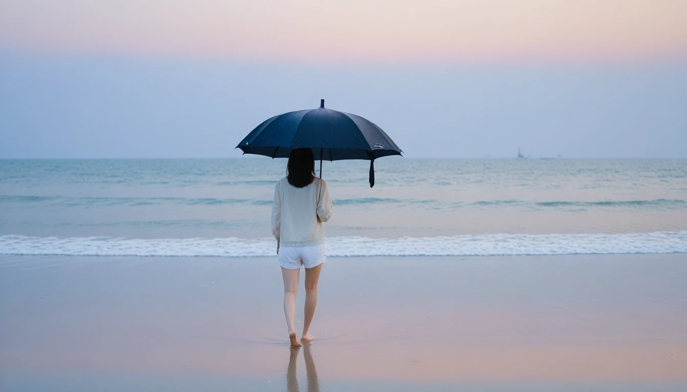 8k, Vivid picture quality, Vivid picture quality, long deserted beach, walking slowly from afar, short medium hair, beautiful appearance, Model-like body, sunset의 붉은 빛, sunset, alone, afternoon, depressed, tide가 밀려온다, rain, black umbrella, ocean, tide, wind, rain가 내리는, Short and slim Korean woman, tower, White shorts, rain가 내리는, walking on the beach with a black umbrella