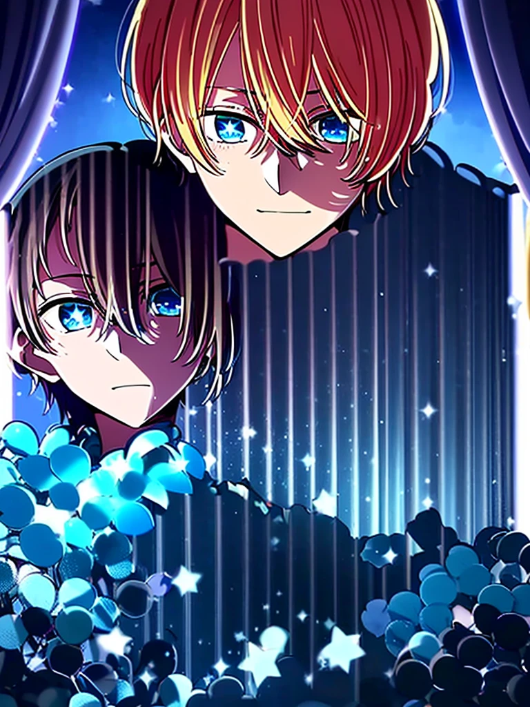 Highest quality、high resolution、My Favorite 、Aqua Hoshino、16 years old、172 cm、Blonde、Blue Eyes、(Star-shaped highlight in right eye)、Handsome、cool、Calm、Intelligent、A mature and gentle personality、Acting skills second to none、Creepy Smile、Black hoodie、Shining starry sky、Sparkling